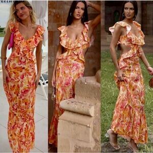 NEW Zara Linen Midi Dress Ruffles V-Neckline Cut-Out Watercolor Orange Size XL